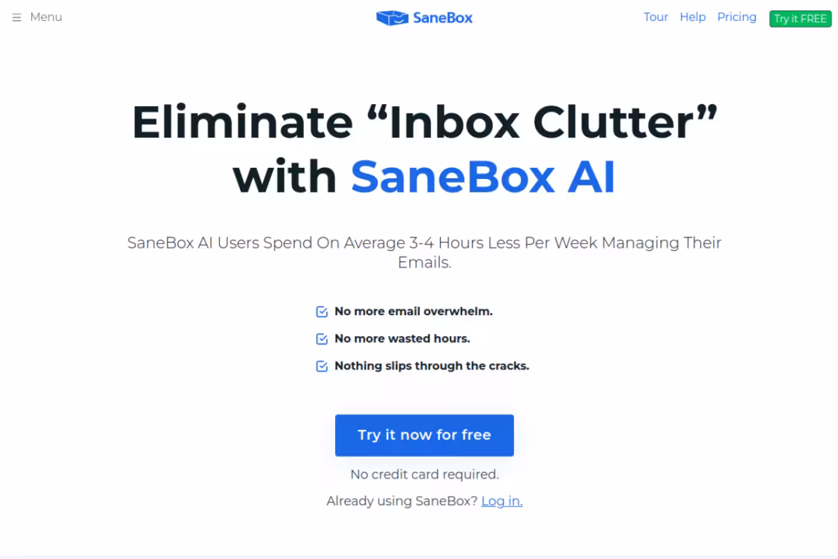 SaneBox homepage screenshot