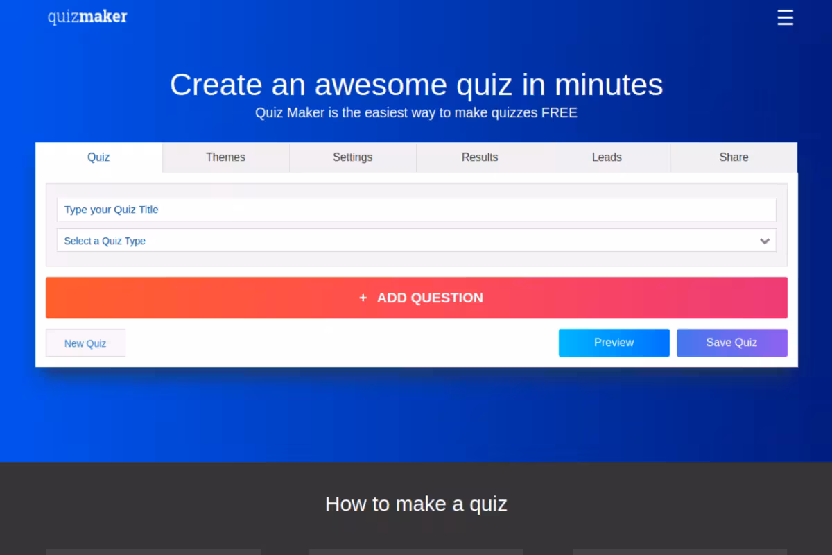 Quiz Maker homepage screenshot