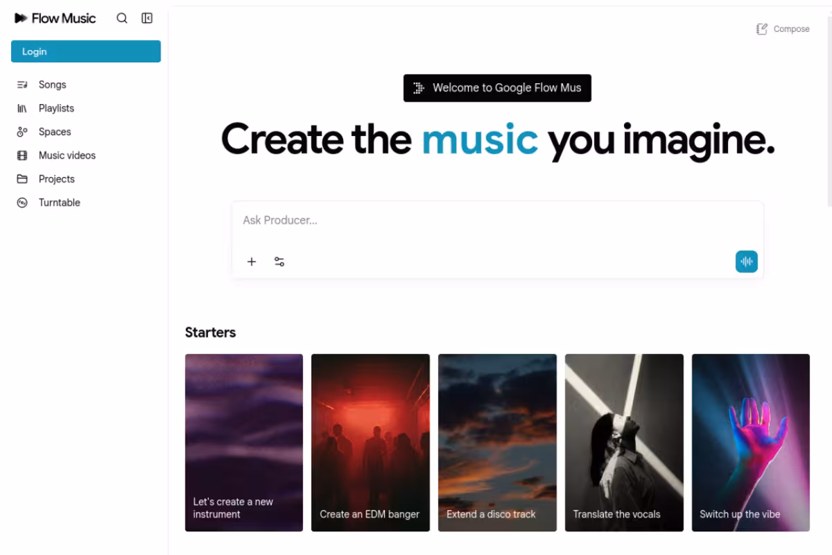 Producer.ai homepage screenshot