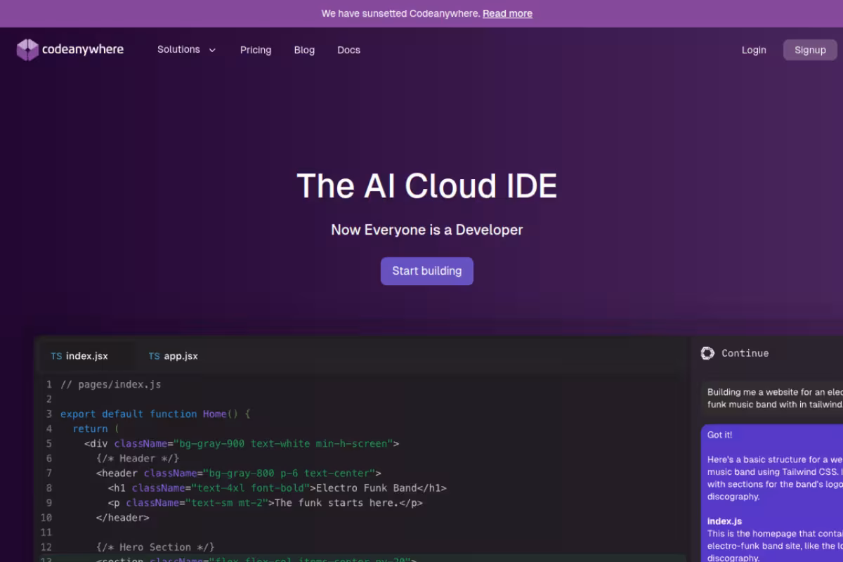 Codeanywhere homepage screenshot