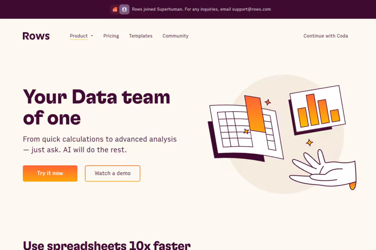 Rows AI homepage screenshot