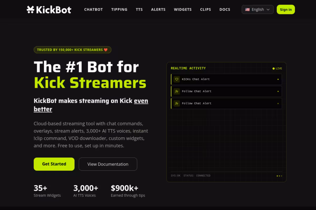 KickBot homepage screenshot