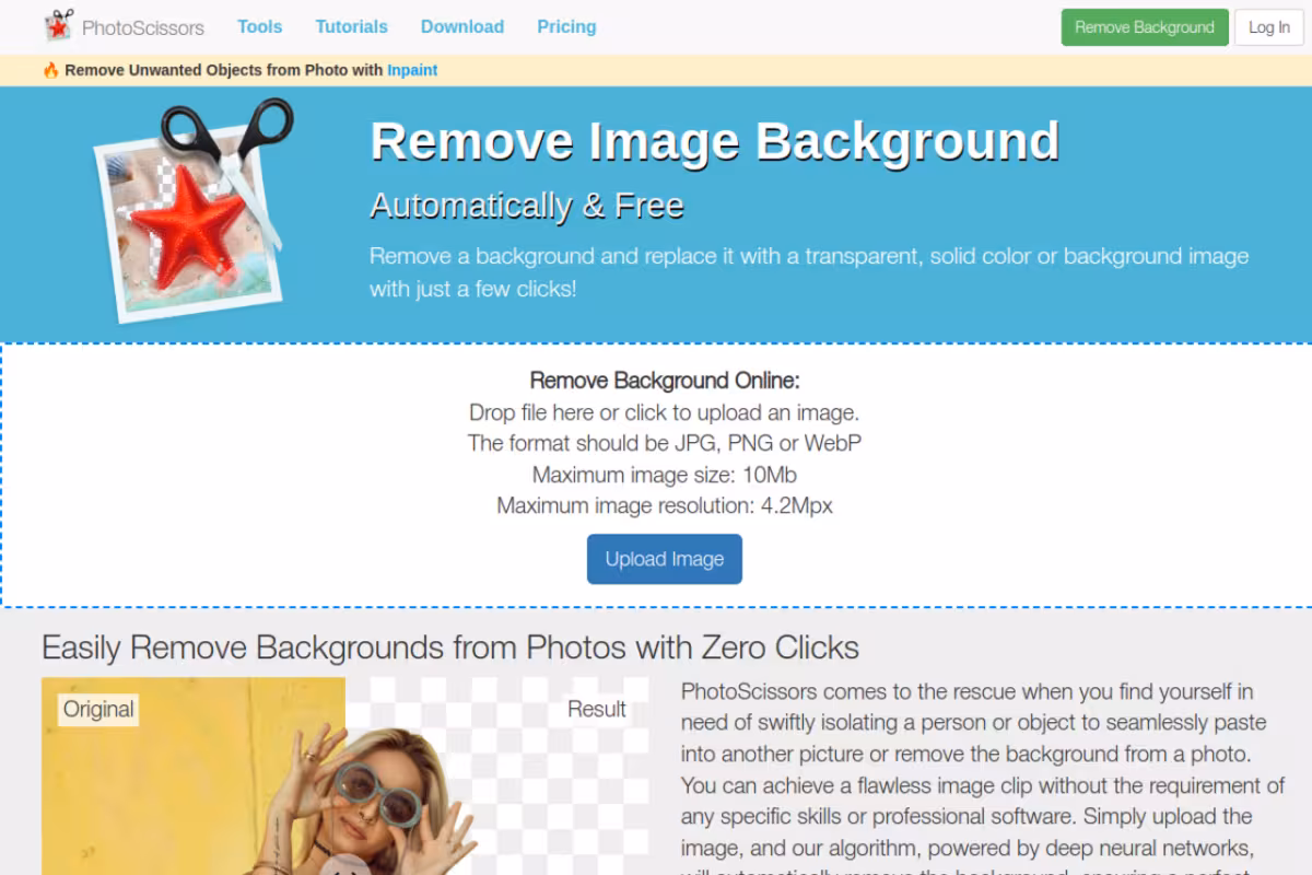 PhotoScissors homepage screenshot