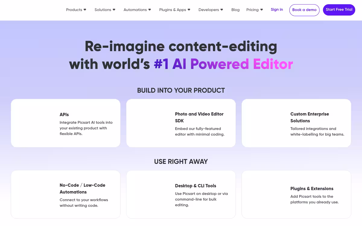 Creative APIs by Picsart homepage screenshot