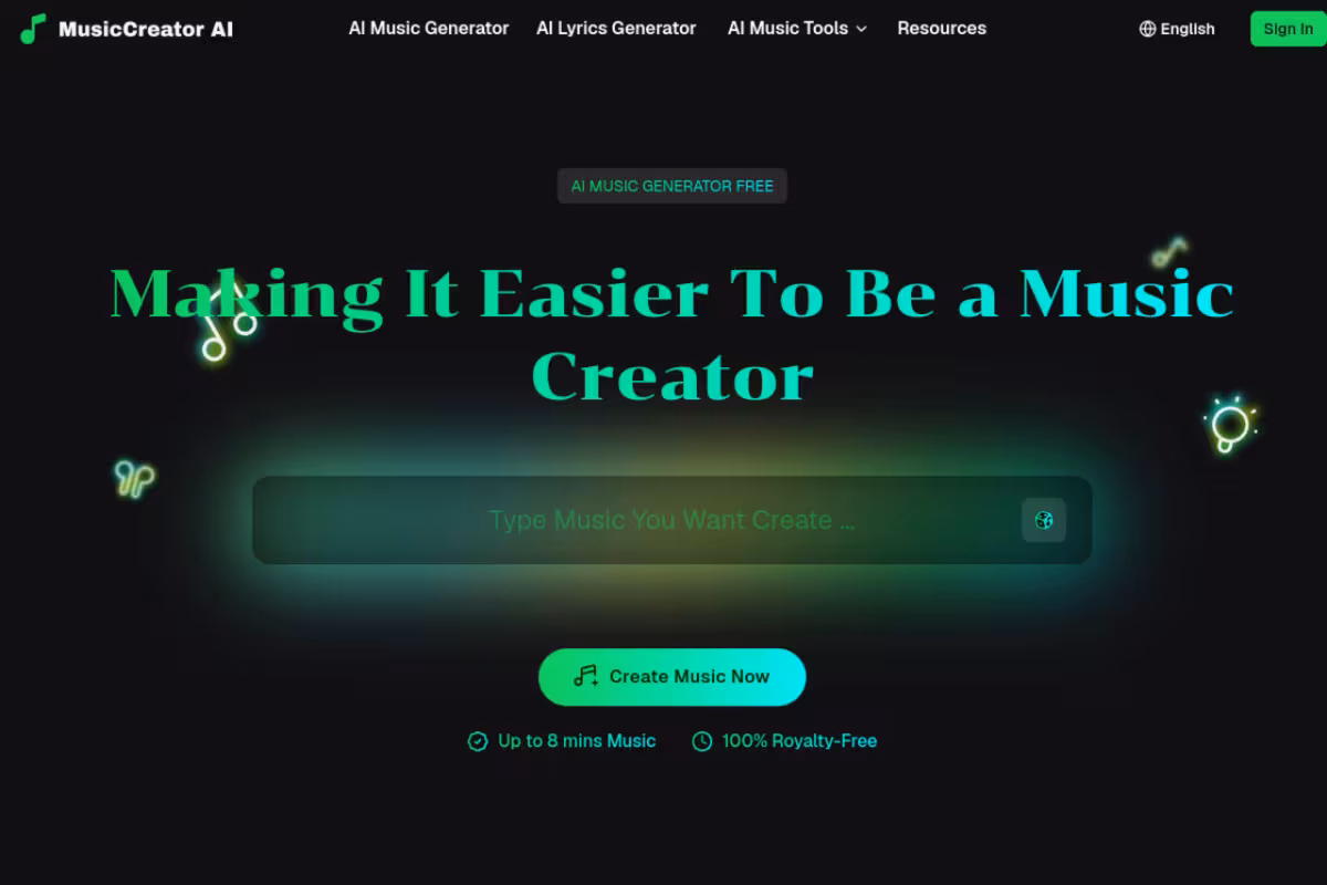 MusicCreator AI homepage screenshot