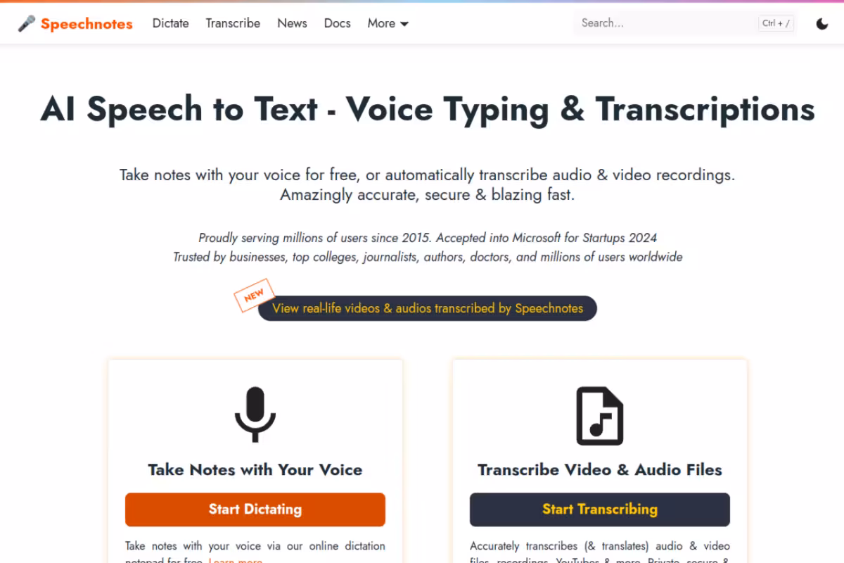 Speechnotes homepage screenshot
