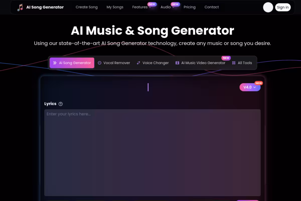 AI Song Generator homepage screenshot