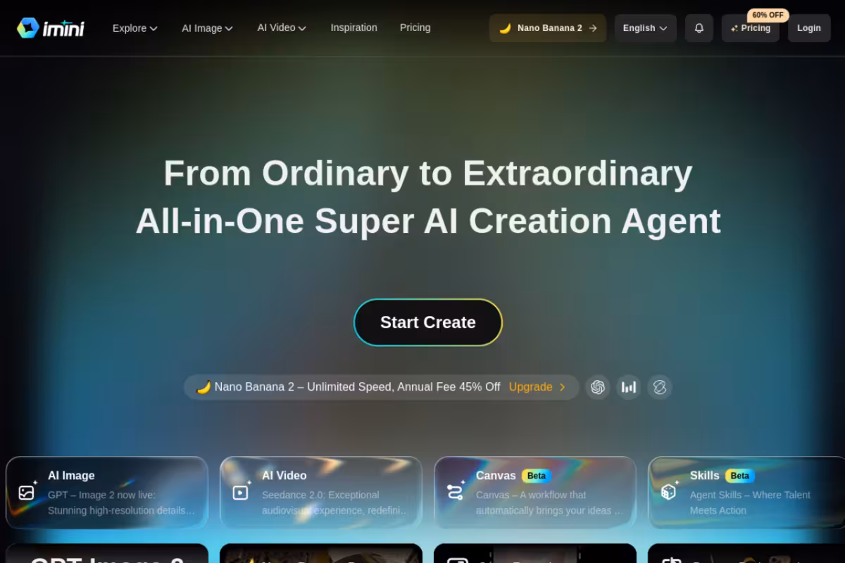 imini AI homepage screenshot