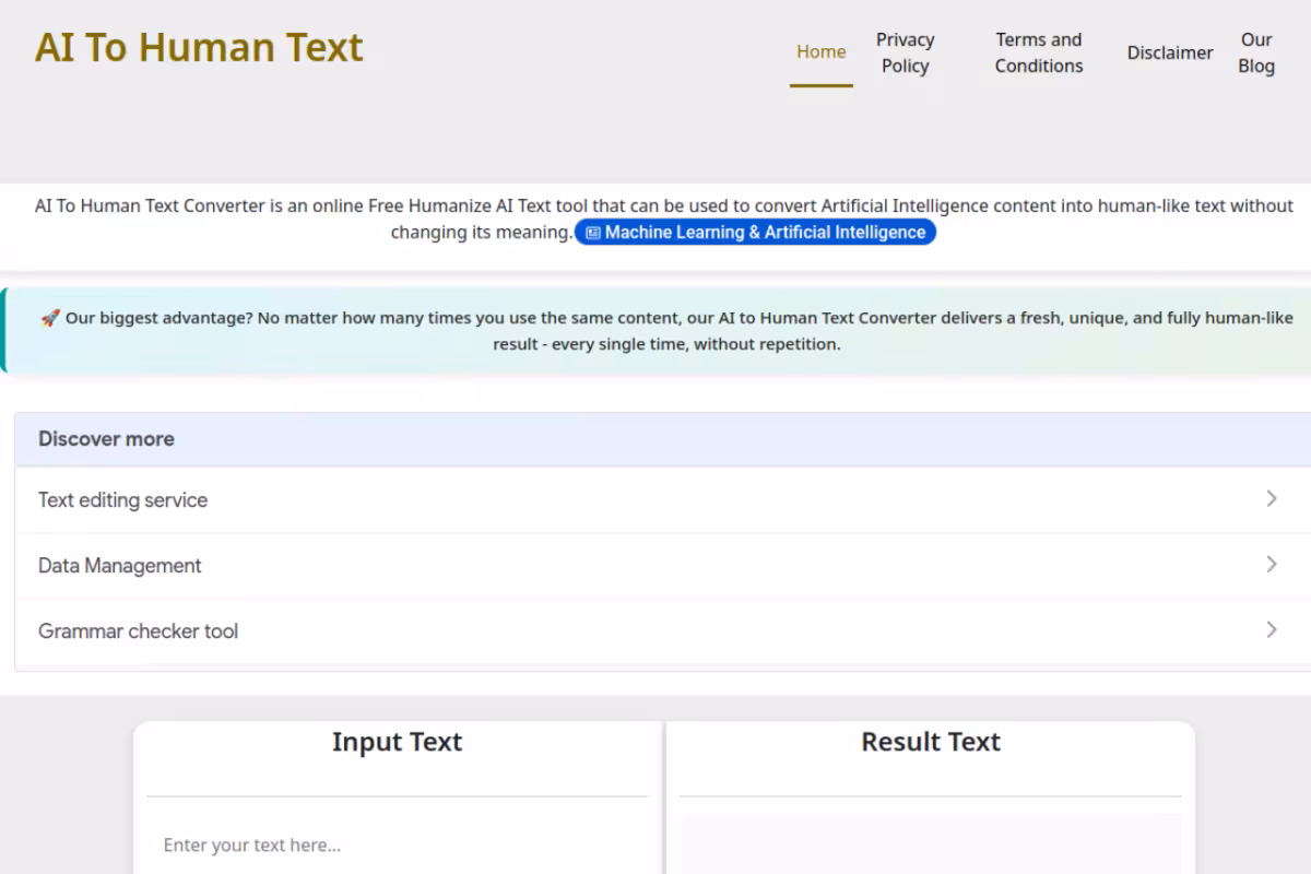 AI To Human Text Converter homepage screenshot
