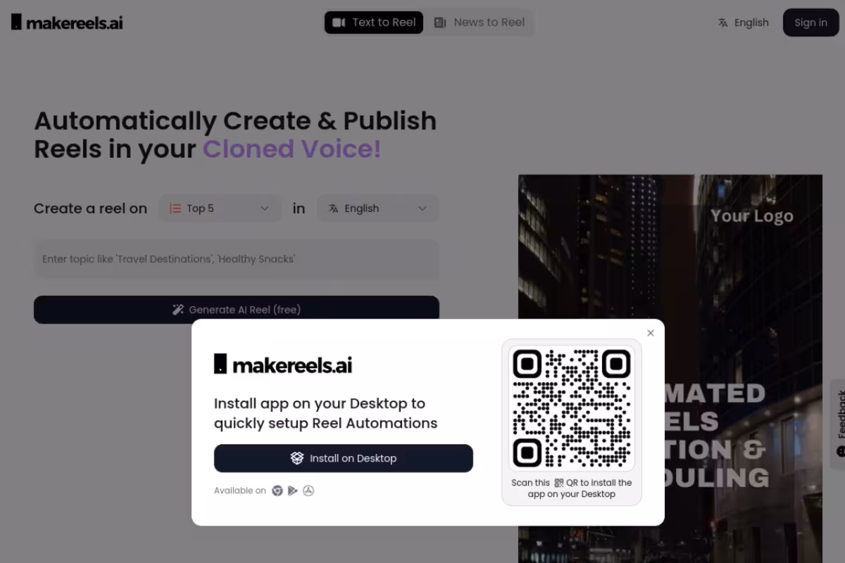 Makereels.ai homepage screenshot