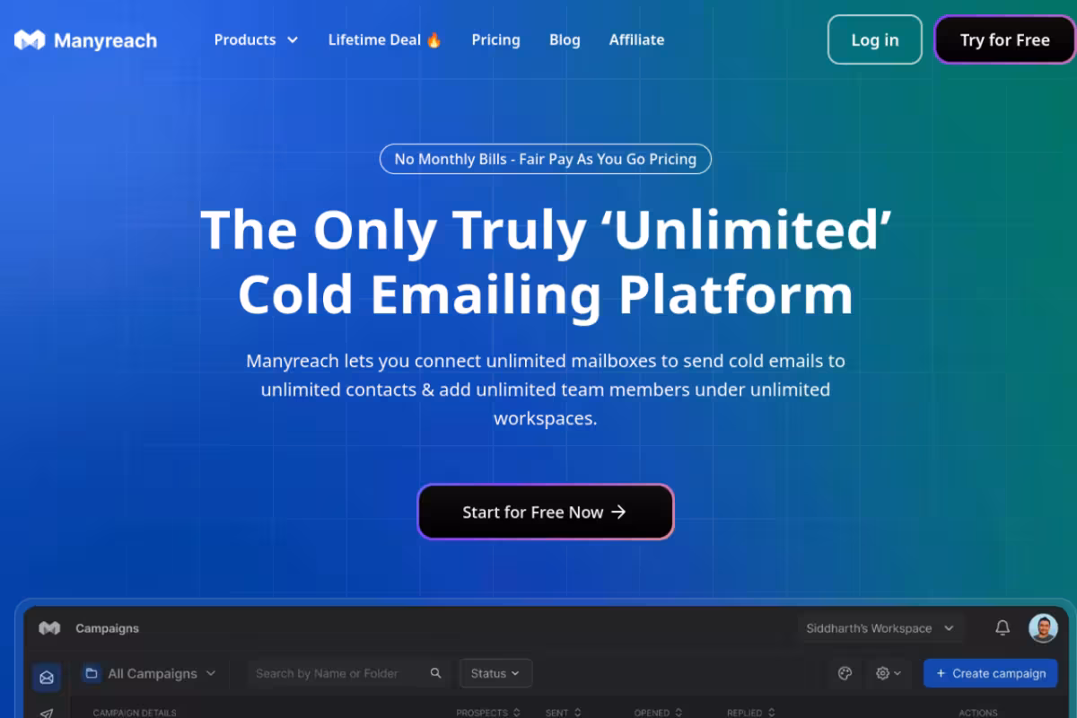 Manyreach homepage screenshot