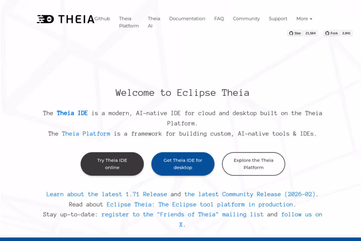 Theia IDE homepage screenshot