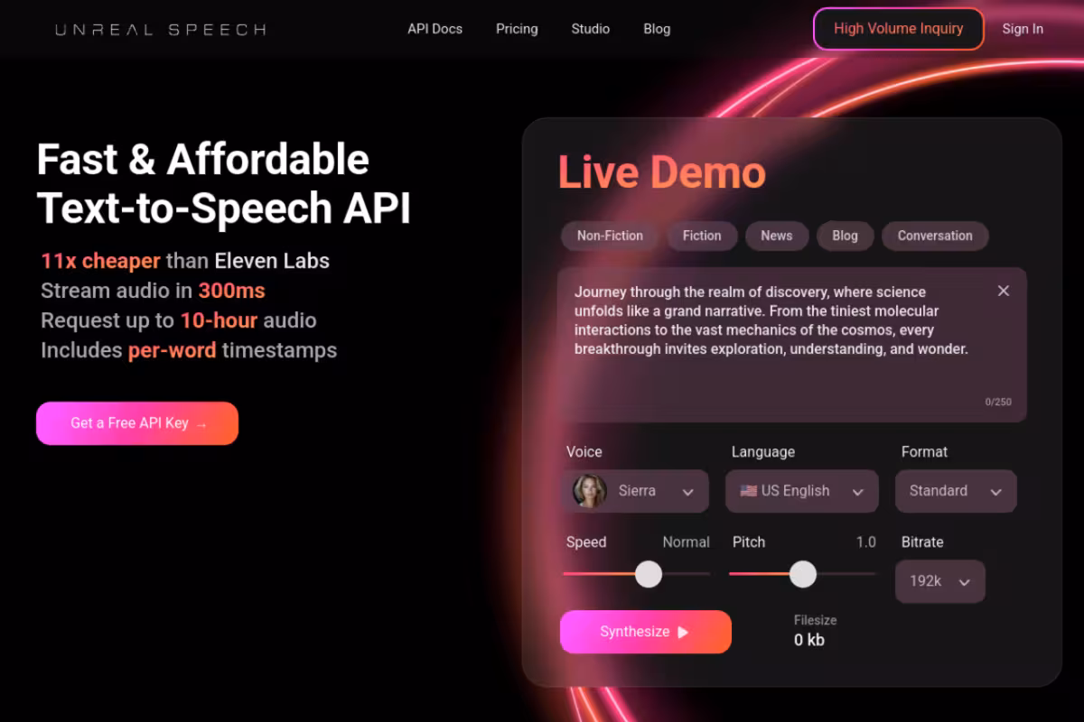 Unreal Speech homepage screenshot
