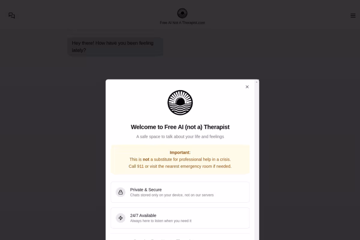 Free AI Therapist homepage screenshot