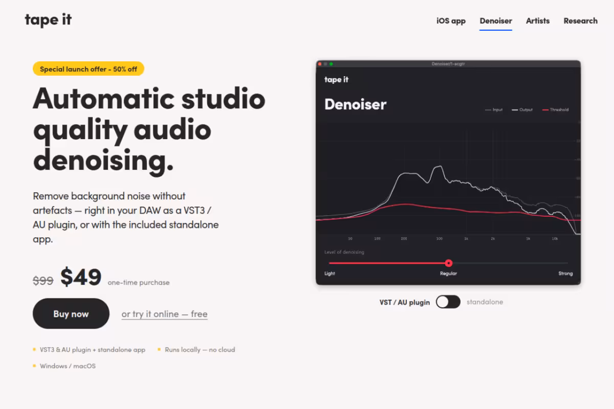 Denoiser by TapeIt homepage screenshot