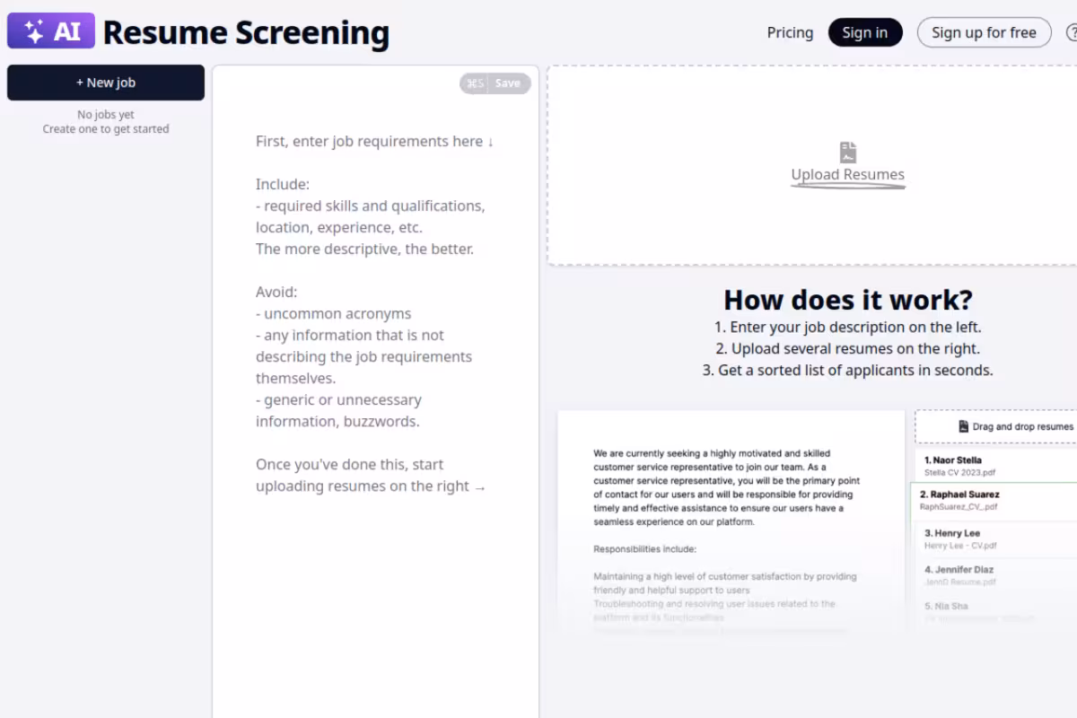 Resume Screening AI homepage screenshot