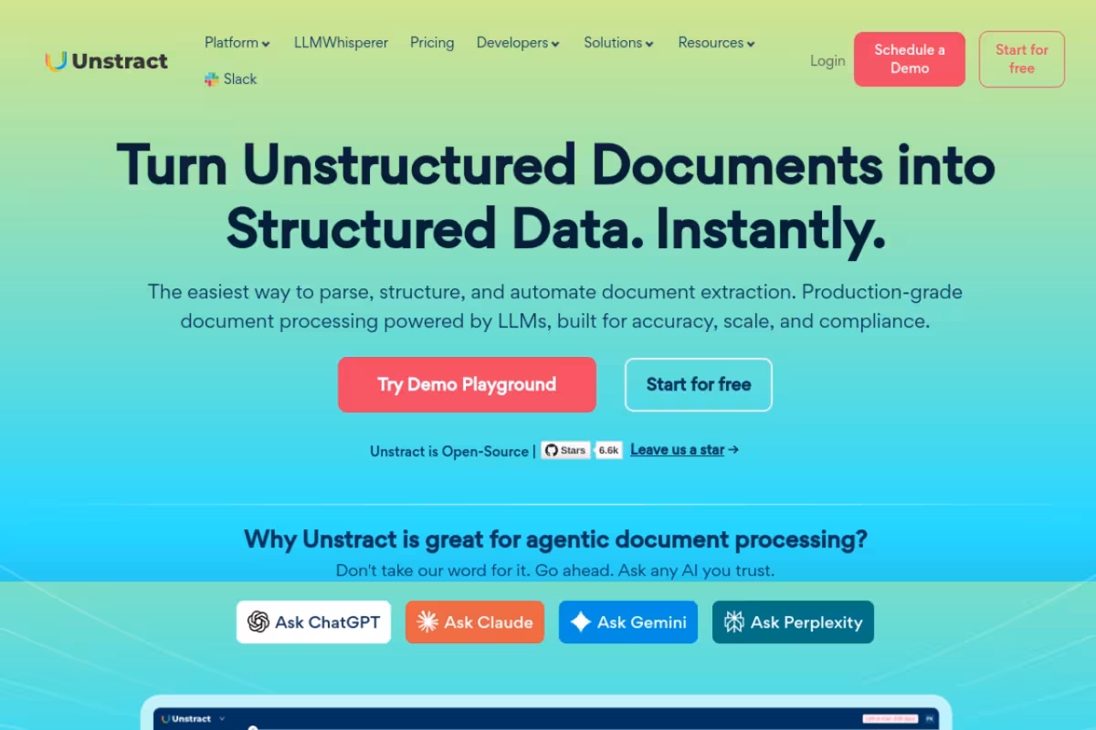 Unstract homepage screenshot