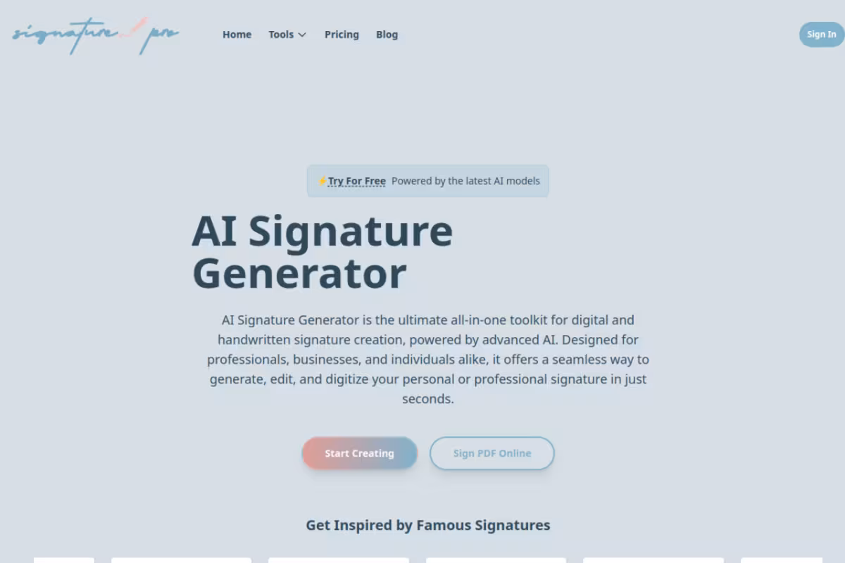 AI Signature Generator Pro homepage screenshot