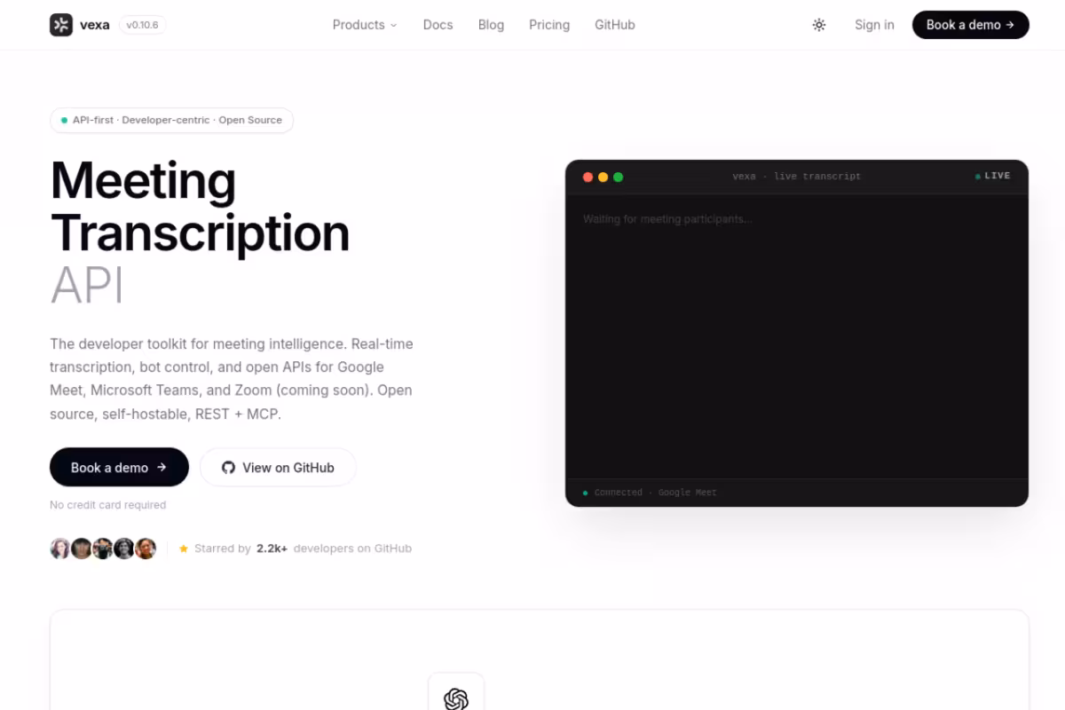 Vexa homepage screenshot
