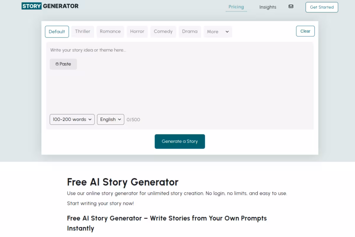 AIStoryGenerator.com homepage screenshot