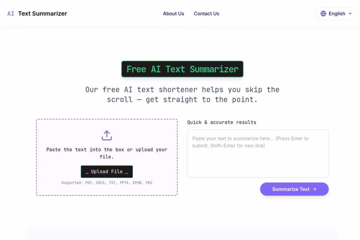 AI Text Summarizer homepage screenshot