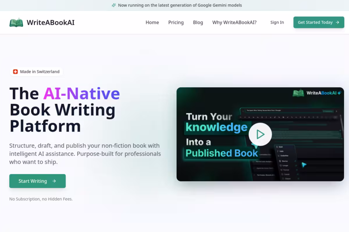 WriteABookAI homepage screenshot