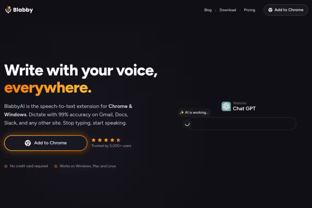 BlabbyAI Speech to Text homepage screenshot