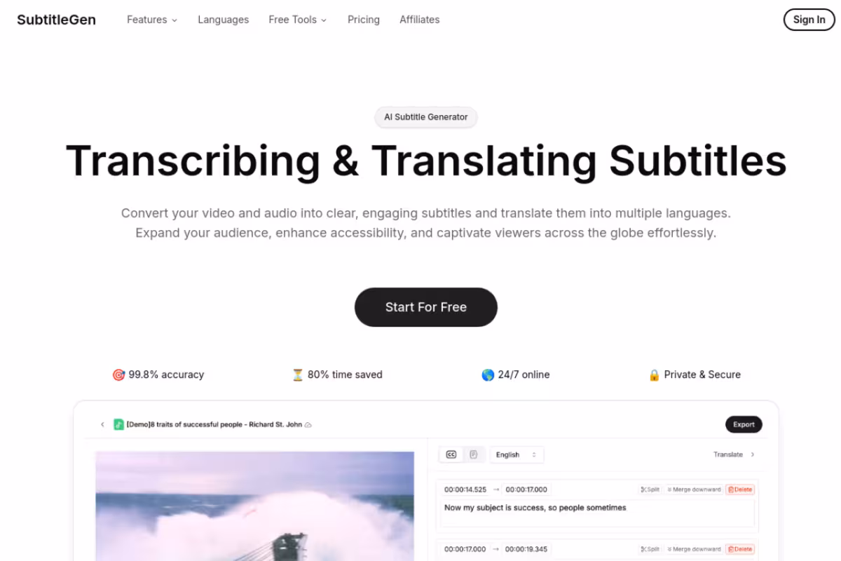 SubtitleGen homepage screenshot