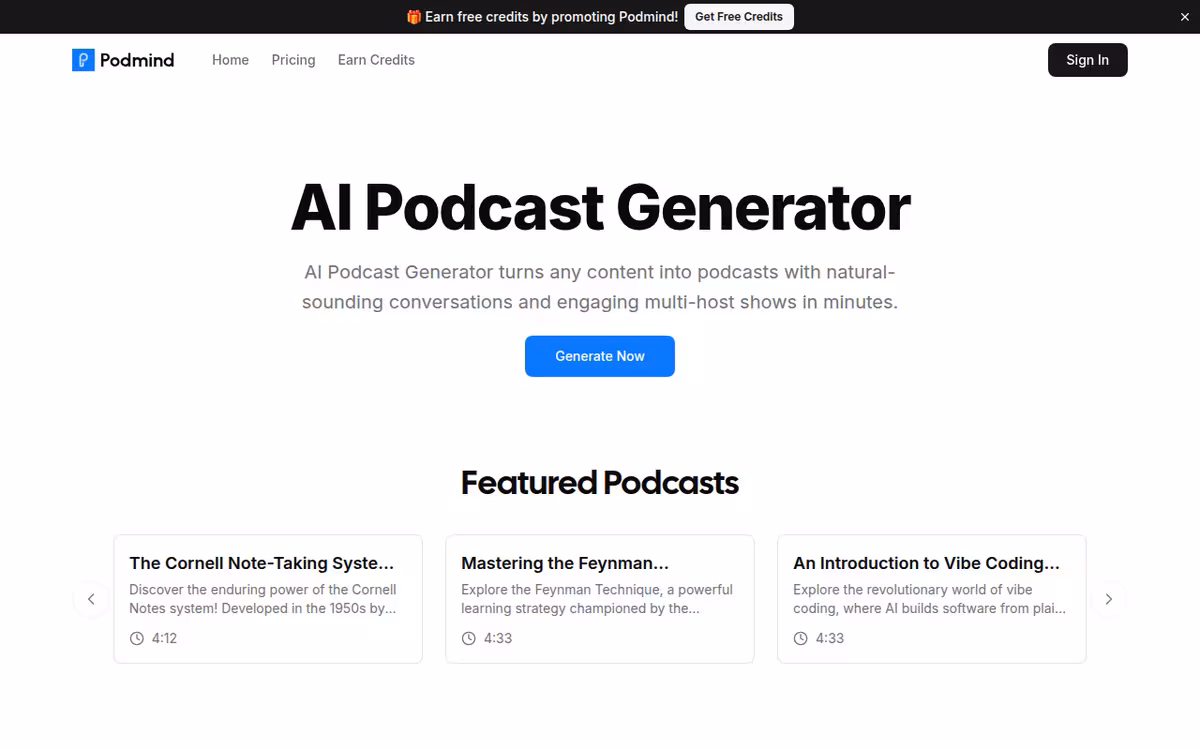 PodMind homepage screenshot