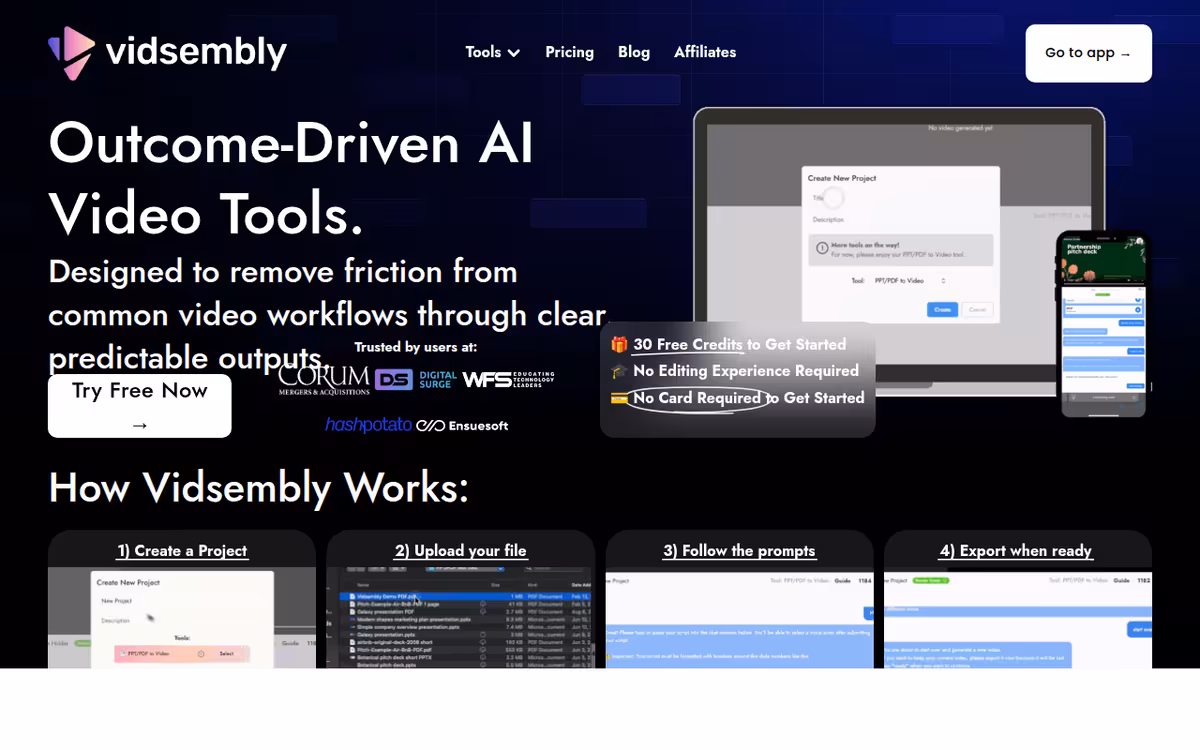 Vidsembly homepage screenshot