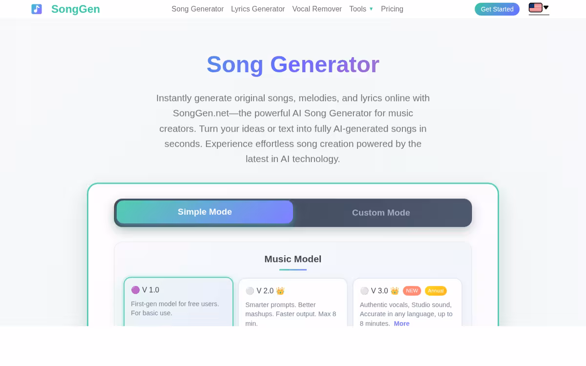 SongGen.net homepage screenshot