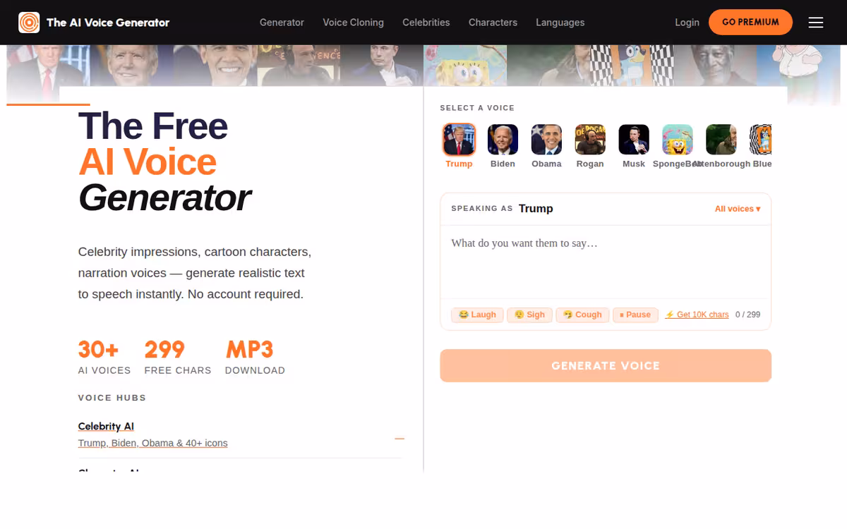 The AI Voice Generator homepage screenshot