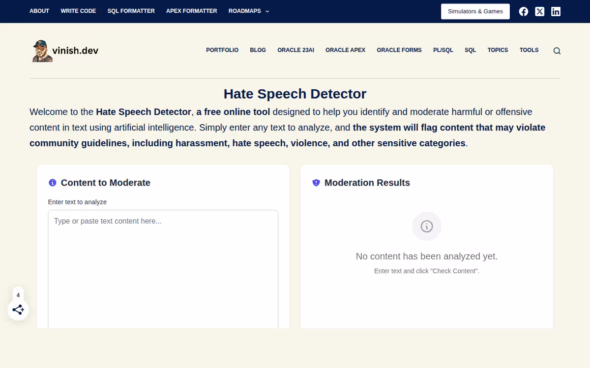 Hate Speech Detector homepage screenshot