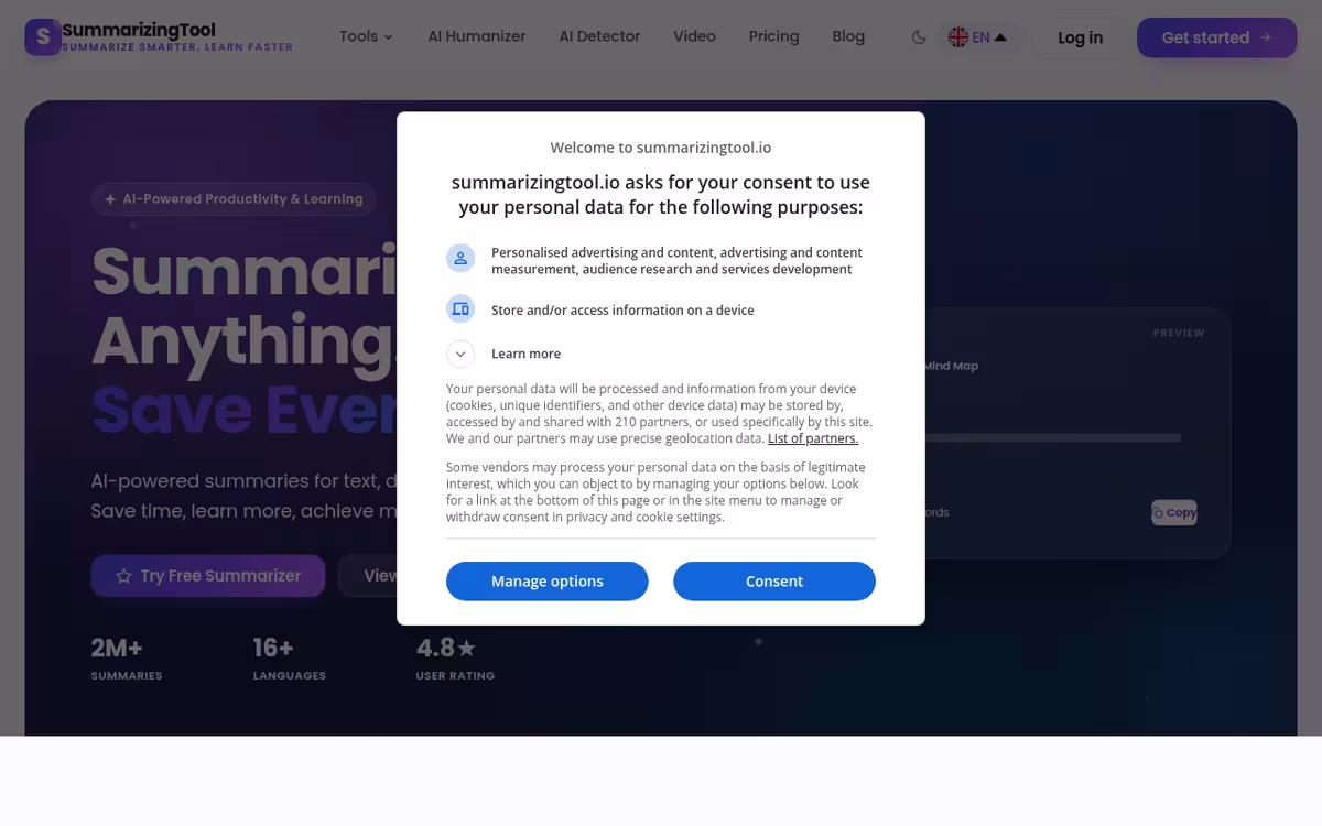 Summarizing Tool.io homepage screenshot