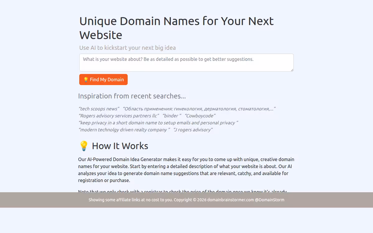 Domain Brainstormer homepage screenshot
