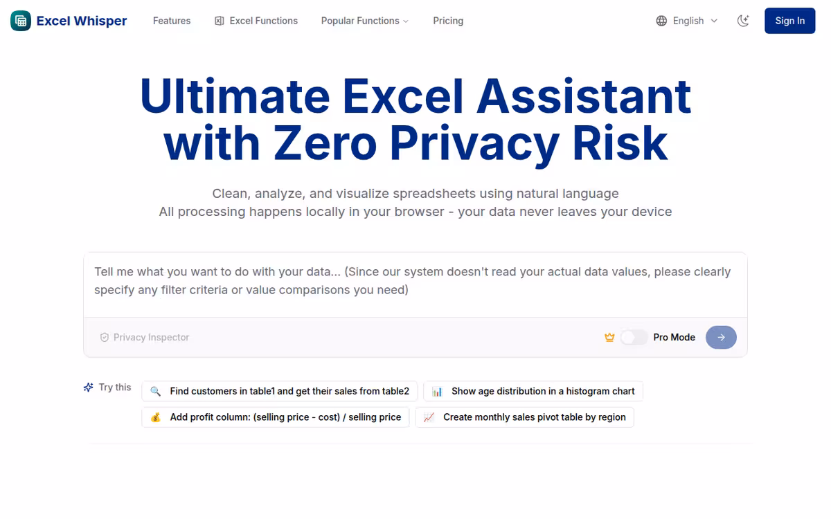 Excel Whisper homepage screenshot