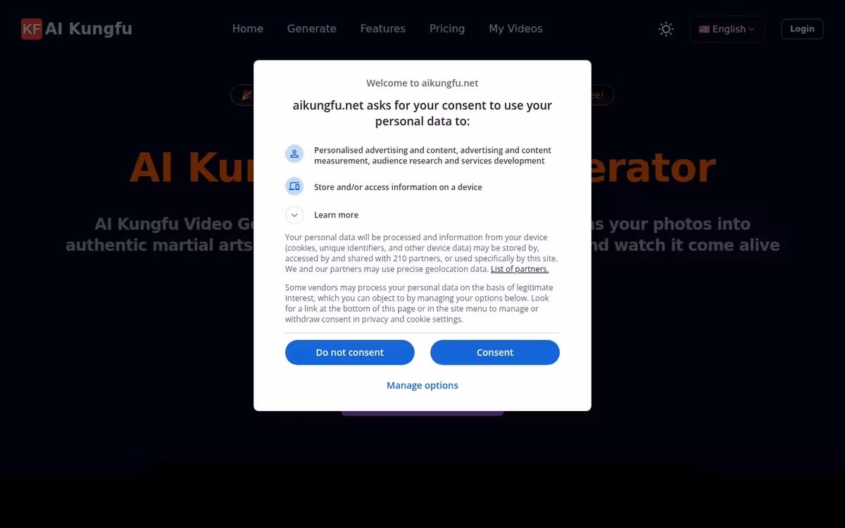 AI Kungfu Video Generator homepage screenshot