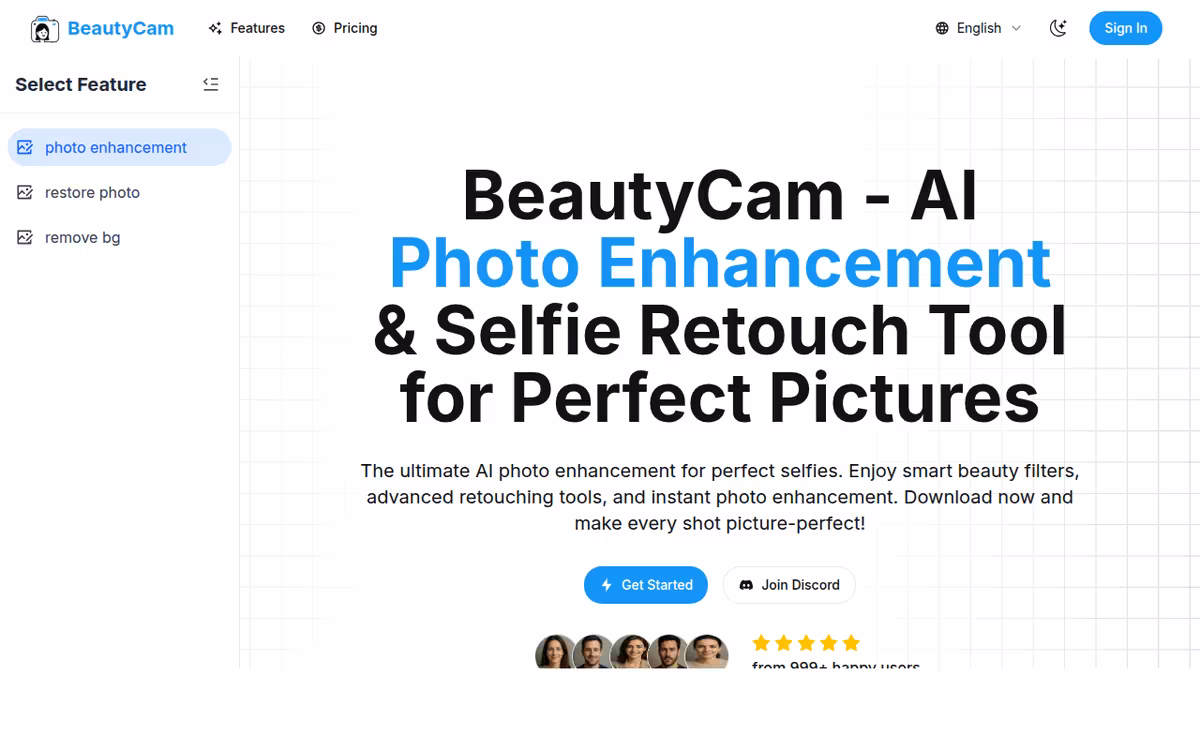 BeautyCam homepage screenshot