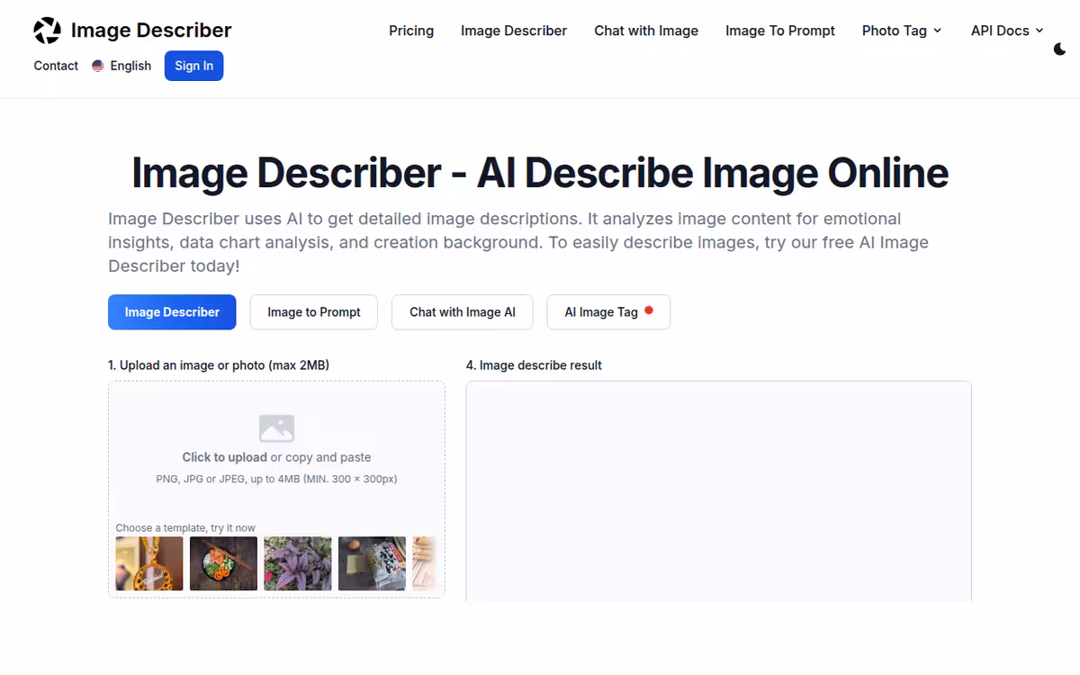 Image Describer homepage screenshot