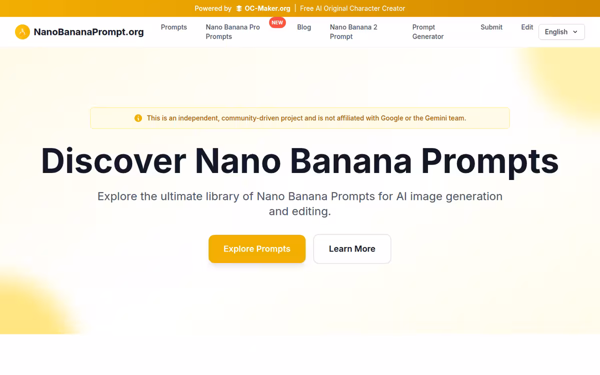 NanoBananaPrompt homepage screenshot