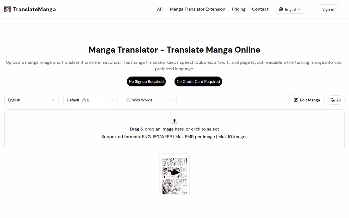TranslateManga homepage screenshot