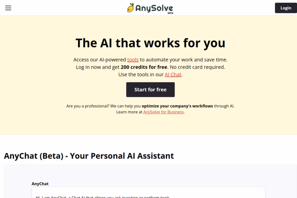 AnySolveAI homepage screenshot