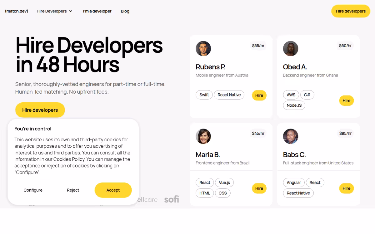 Match.dev homepage screenshot