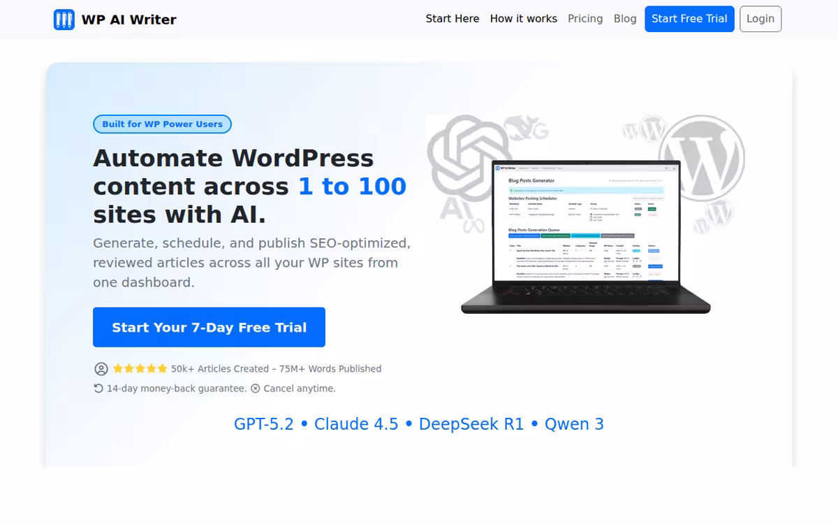 WP AI Writer homepage screenshot