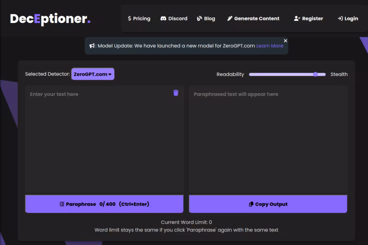 DecEptioner homepage screenshot