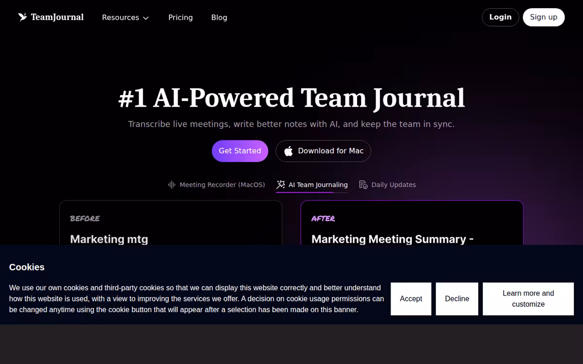 Team Journal homepage screenshot