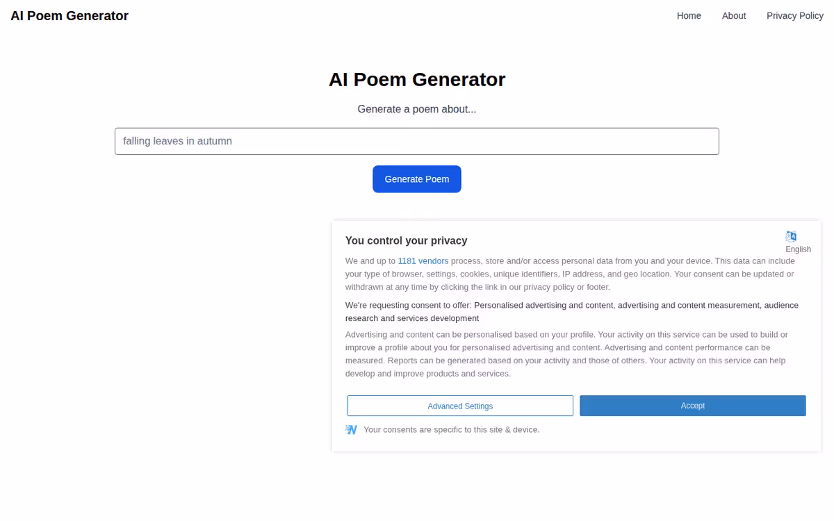 AI Poem Generator homepage screenshot