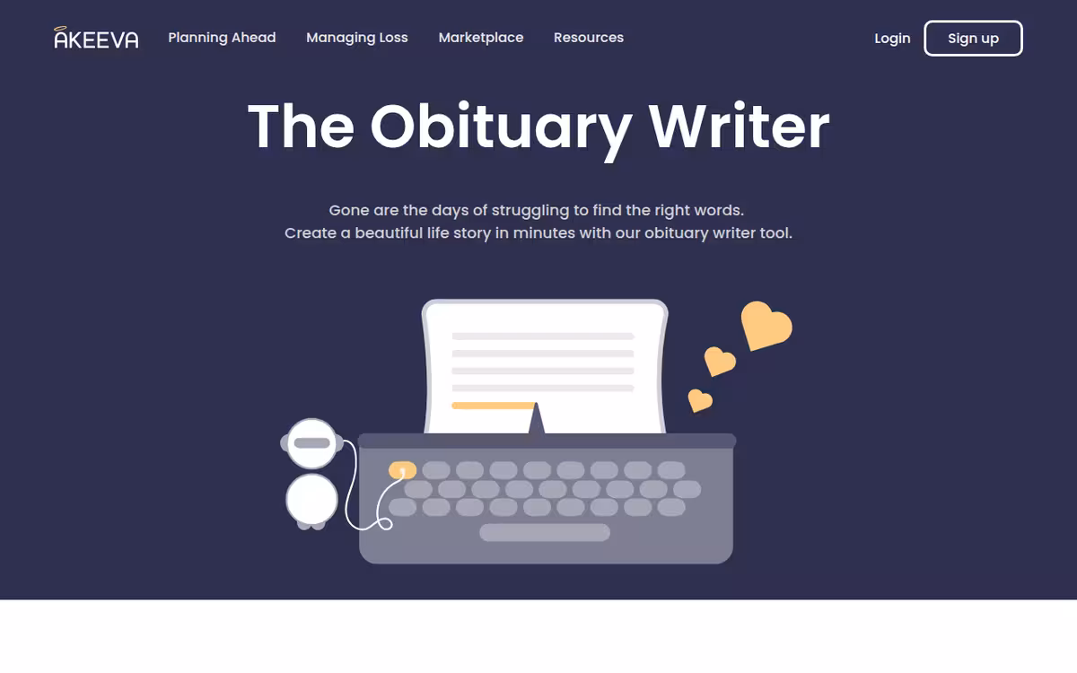 Obituary Writer homepage screenshot