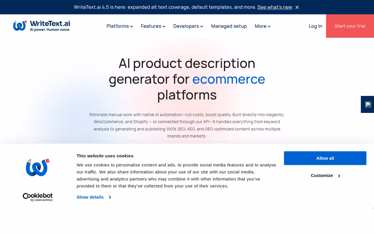 WriteText.ai homepage screenshot