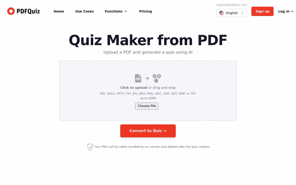 PDFQuiz homepage screenshot